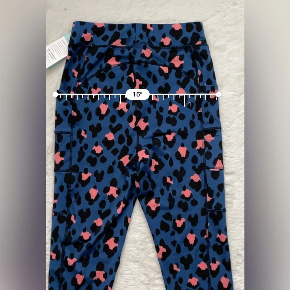 POP Fit Leggings Navy Blue Leopard Print Pockets Workout Gym Yoga Medium - Picture 8 of 9